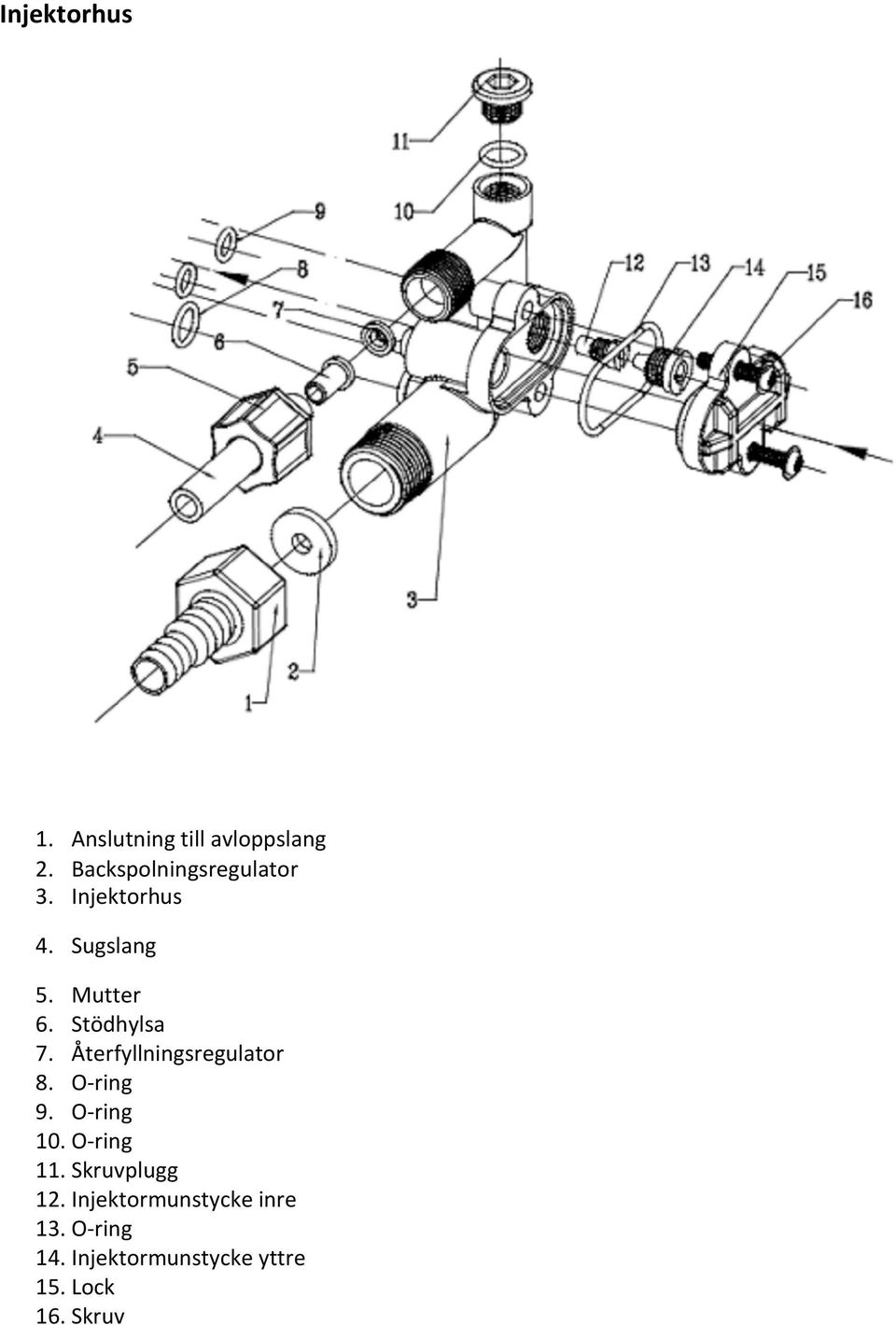 Stödhylsa 7. Återfyllningsregulator 8. O-ring 9. O-ring 10.