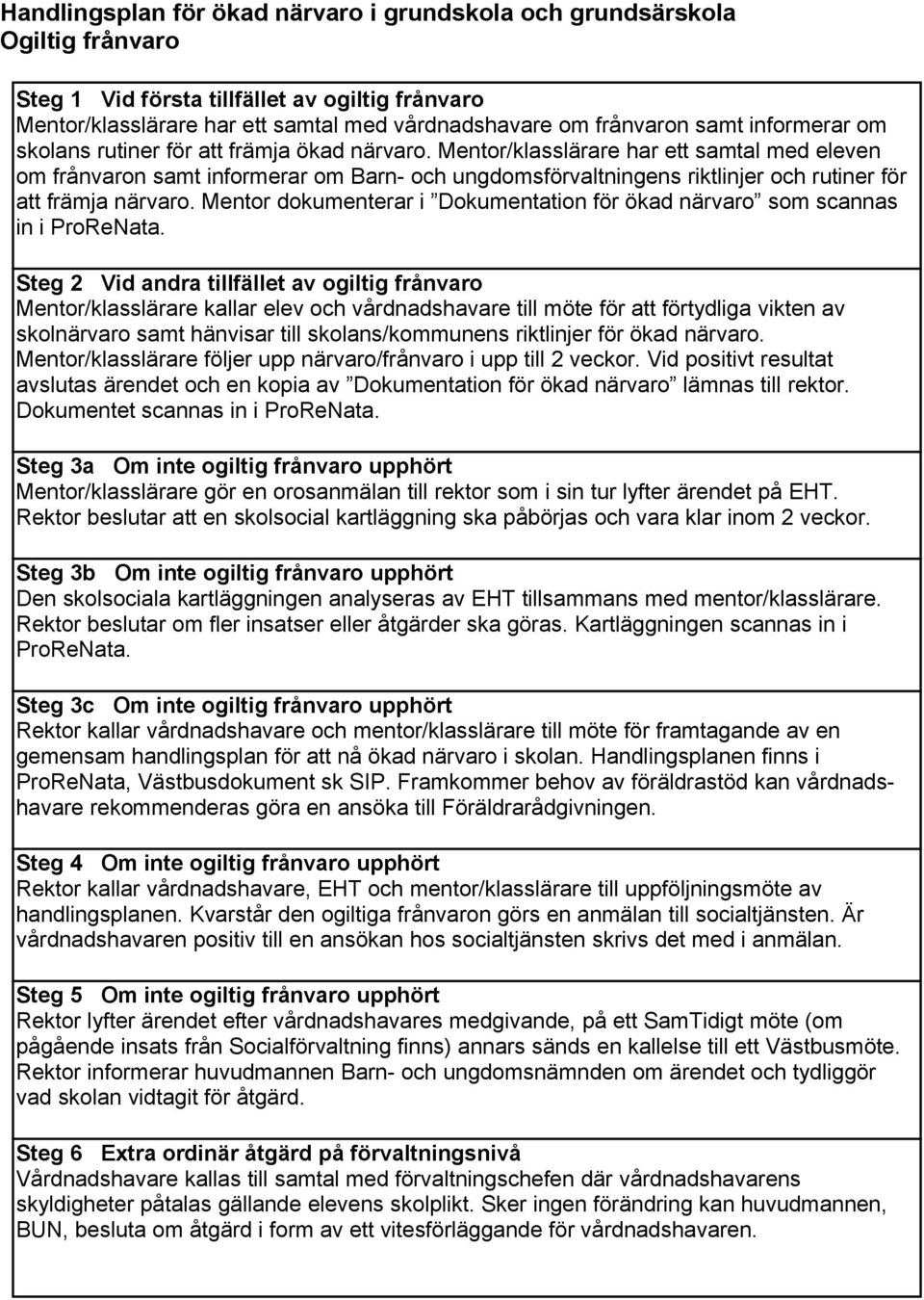 Mentor/klasslärare har ett samtal med eleven om frånvaron samt informerar om Barn- och ungdomsförvaltningens riktlinjer och rutiner för att främja närvaro.