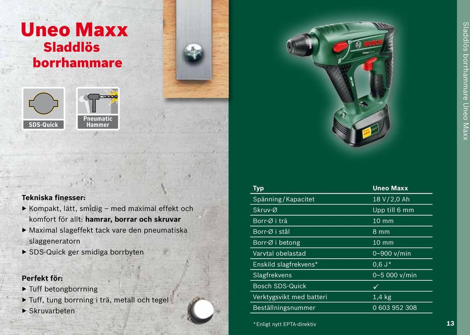 trä, metall och tegel Skruvarbeten Typ Uneo Maxx Spänning / Kapacitet 18 V / 2,0 Ah Skruv-Ø Upp till 6 mm Borr-Ø i trä 10 mm Borr-Ø i stål 8 mm Borr-Ø i betong 10 mm Varvtal