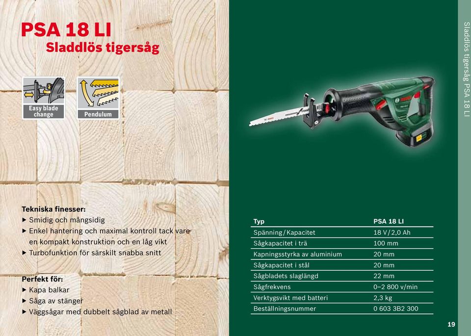 stänger Väggsågar med dubbelt sågblad av metall Typ PSA 18 LI Spänning / Kapacitet 18 V / 2,0 Ah Sågkapacitet i trä 100 mm Kapningsstyrka av