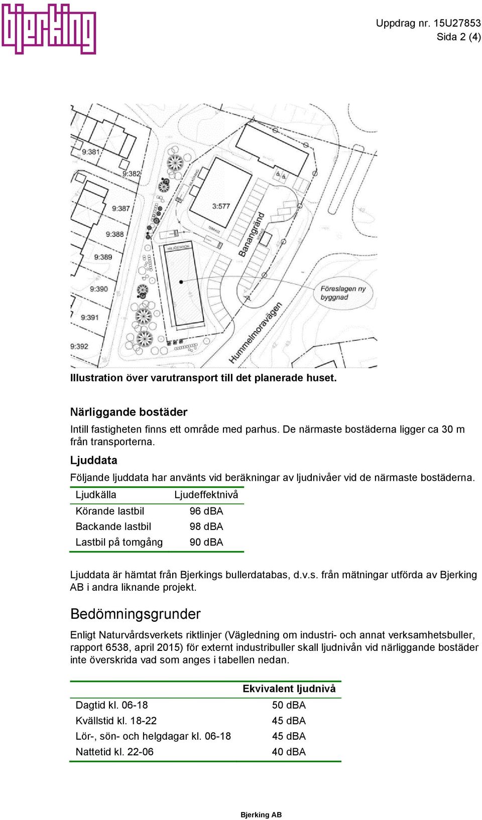 Ljudkälla Körande lastbil Backande lastbil Lastbil på tomgång Ljudeffektnivå 96 dba 98 dba 90 dba Ljuddata är hämtat från Bjerkings bullerdatabas, d.v.s. från mätningar utförda av Bjerking AB i andra liknande projekt.