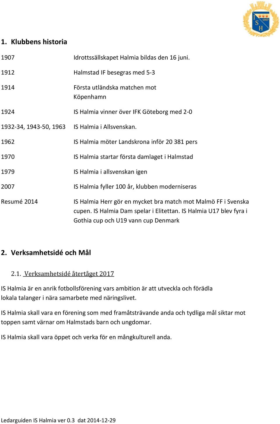 1962 IS Halmia möter Landskrona inför 20 381 pers 1970 IS Halmia startar första damlaget i Halmstad 1979 IS Halmia i allsvenskan igen 2007 IS Halmia fyller 100 år, klubben moderniseras Resumé 2014 IS