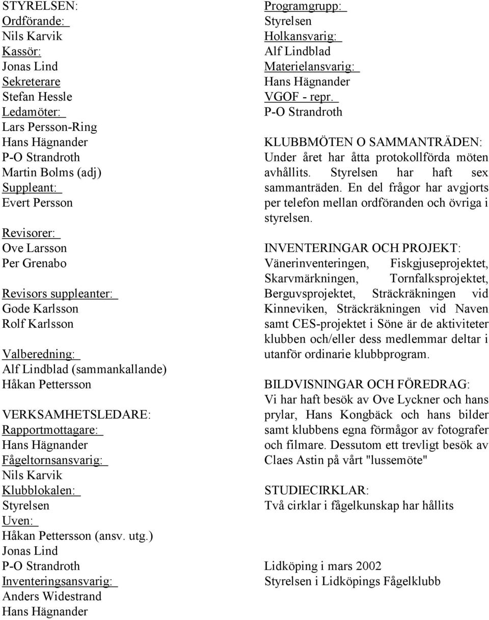 Fågeltornsansvarig: Nils Karvik Klubblokalen: Styrelsen Uven: Håkan Pettersson (ansv. utg.