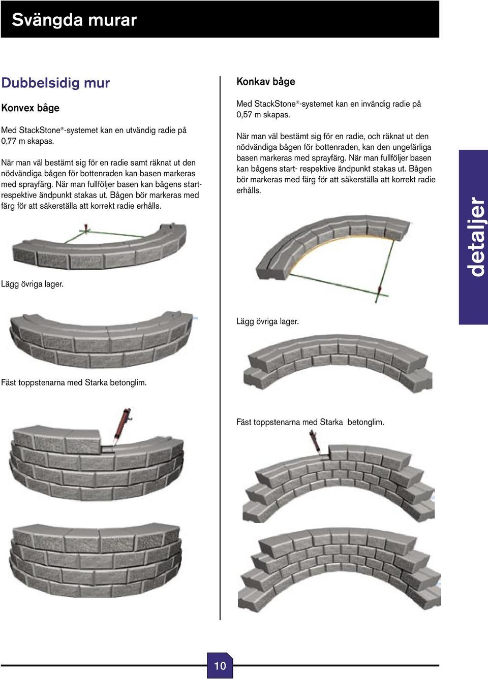 Bågen bör markeras med färg för att säkerställa att korrekt radie erhålls. Lägg övriga lager. Konkav båge Med StackStone -systemet kan en invändig radie på 0,57 m skapas.