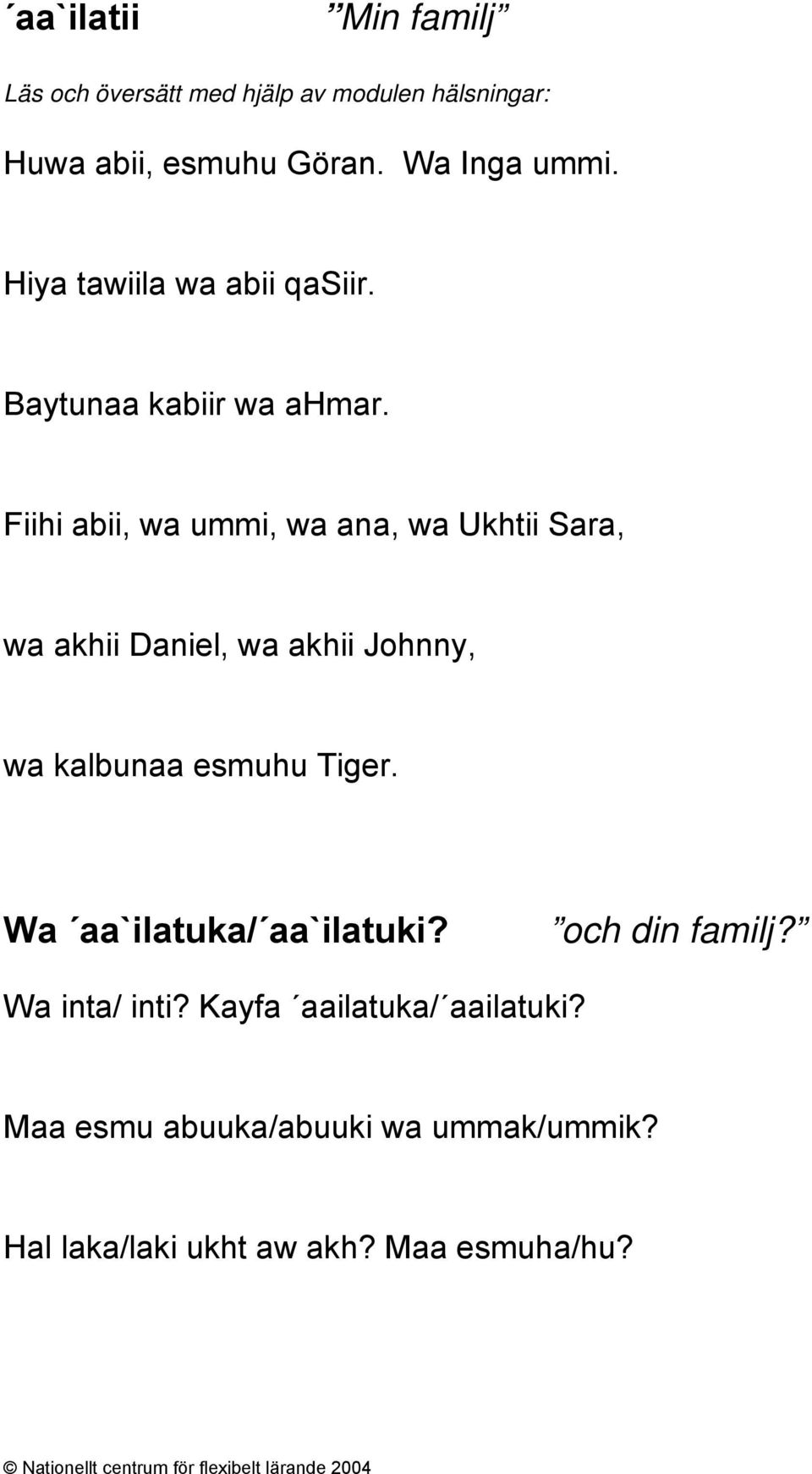 Fiihi abii, wa ummi, wa ana, wa Ukhtii Sara, wa akhii Daniel, wa akhii Johnny, wa kalbunaa esmuhu Tiger.