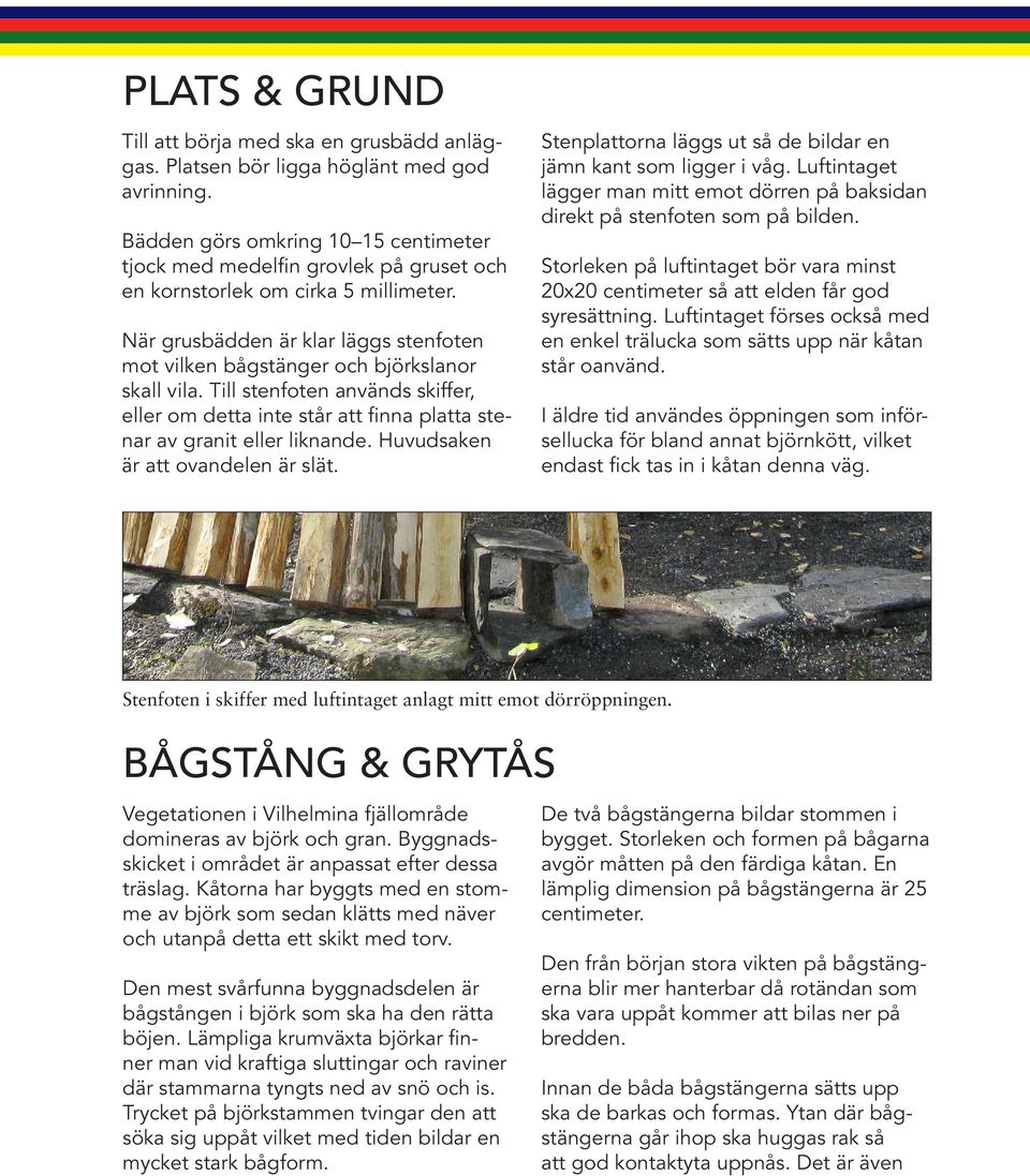 När grusbädden är klar läggs stenfoten mot vilken bågstänger och björkslanor skall vila. Till stenfoten används skiffer, eller om detta inte står att finna platta stenar av granit eller liknande.