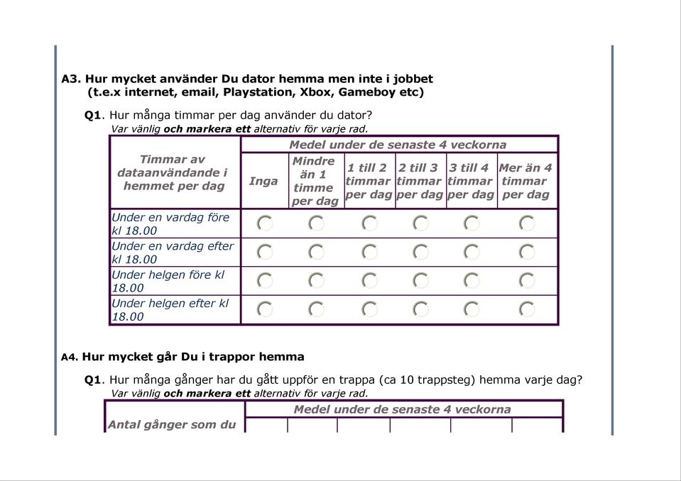 Under helgen efter kl 18. Inga Medel under de senaste 4 veckorna Mindre än 1 timme 1 till 2 timmar timmar 3 till 4 timmar Mer än 4 timmar A4.