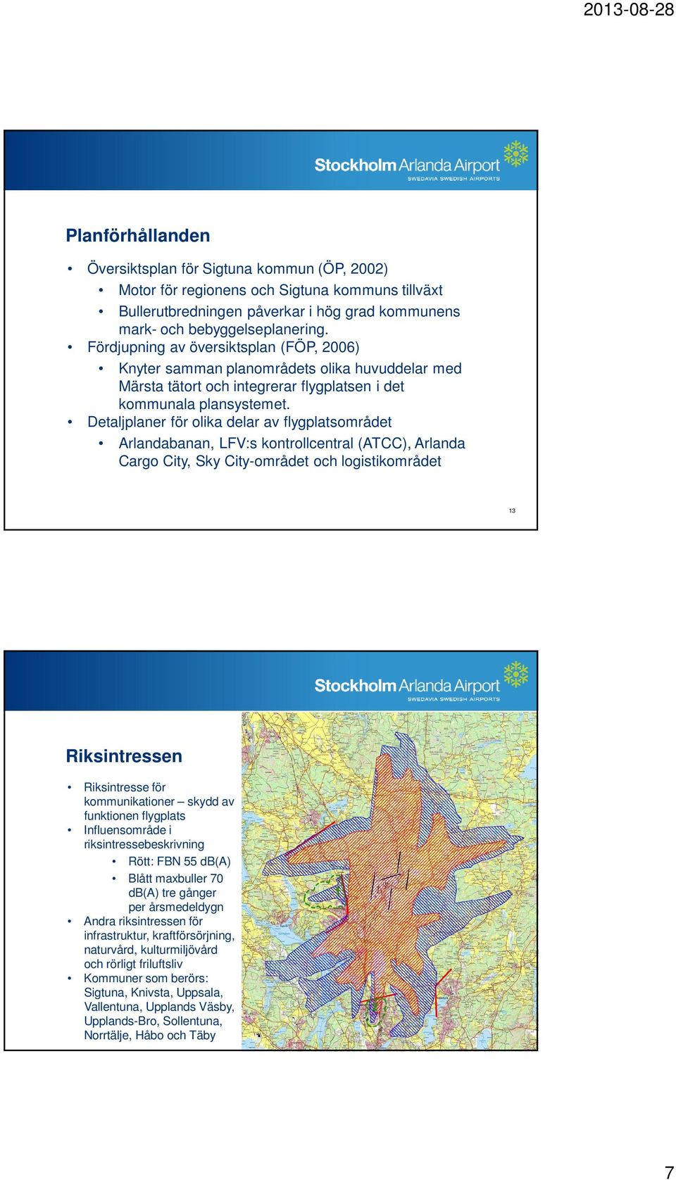 Detaljplaner för olika delar av flygplatsområdet Arlandabanan, LFV:s kontrollcentral (ATCC), Arlanda Cargo City, Sky City-området och logistikområdet 13 Riksintressen Riksintresse för kommunikationer