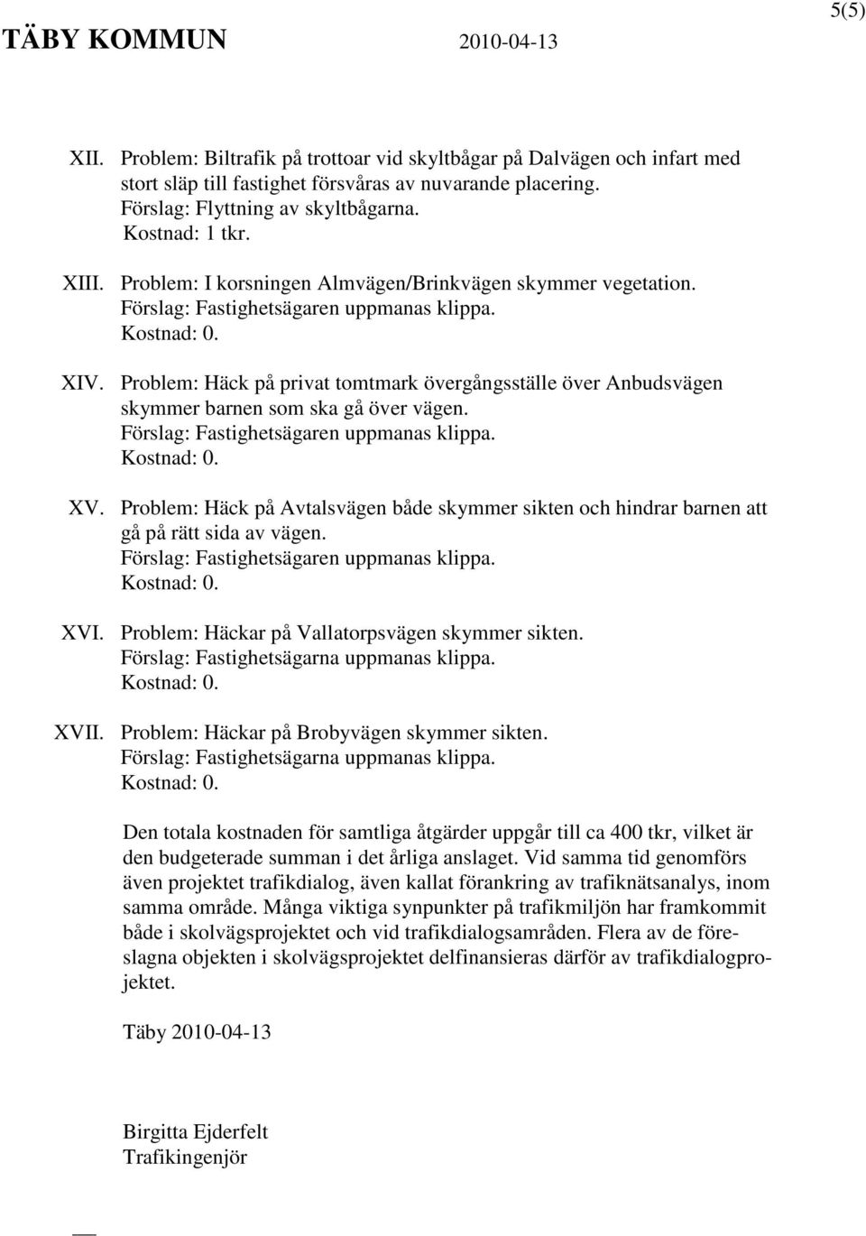 Problem: Häck på Avtalsvägen både skymmer sikten och hindrar barnen att gå på rätt sida av vägen. XVI. Problem: Häckar på Vallatorpsvägen skymmer sikten. Förslag: Fastighetsägarna uppmanas klippa.