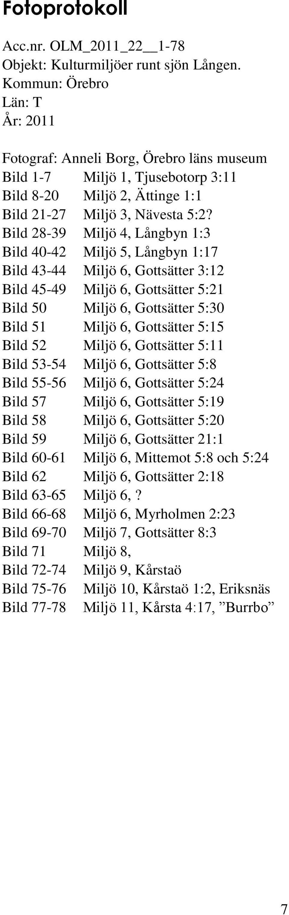 Bild 28-39 Miljö 4, Långbyn 1:3 Bild 40-42 Miljö 5, Långbyn 1:17 Bild 43-44 Miljö 6, Gottsätter 3:12 Bild 45-49 Miljö 6, Gottsätter 5:21 Bild 50 Miljö 6, Gottsätter 5:30 Bild 51 Miljö 6, Gottsätter