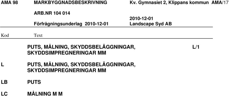 PUTS, MÅLNING, SKYDDSBELÄGGNINGAR, L/1 SKYDDSIMPREGNERINGAR