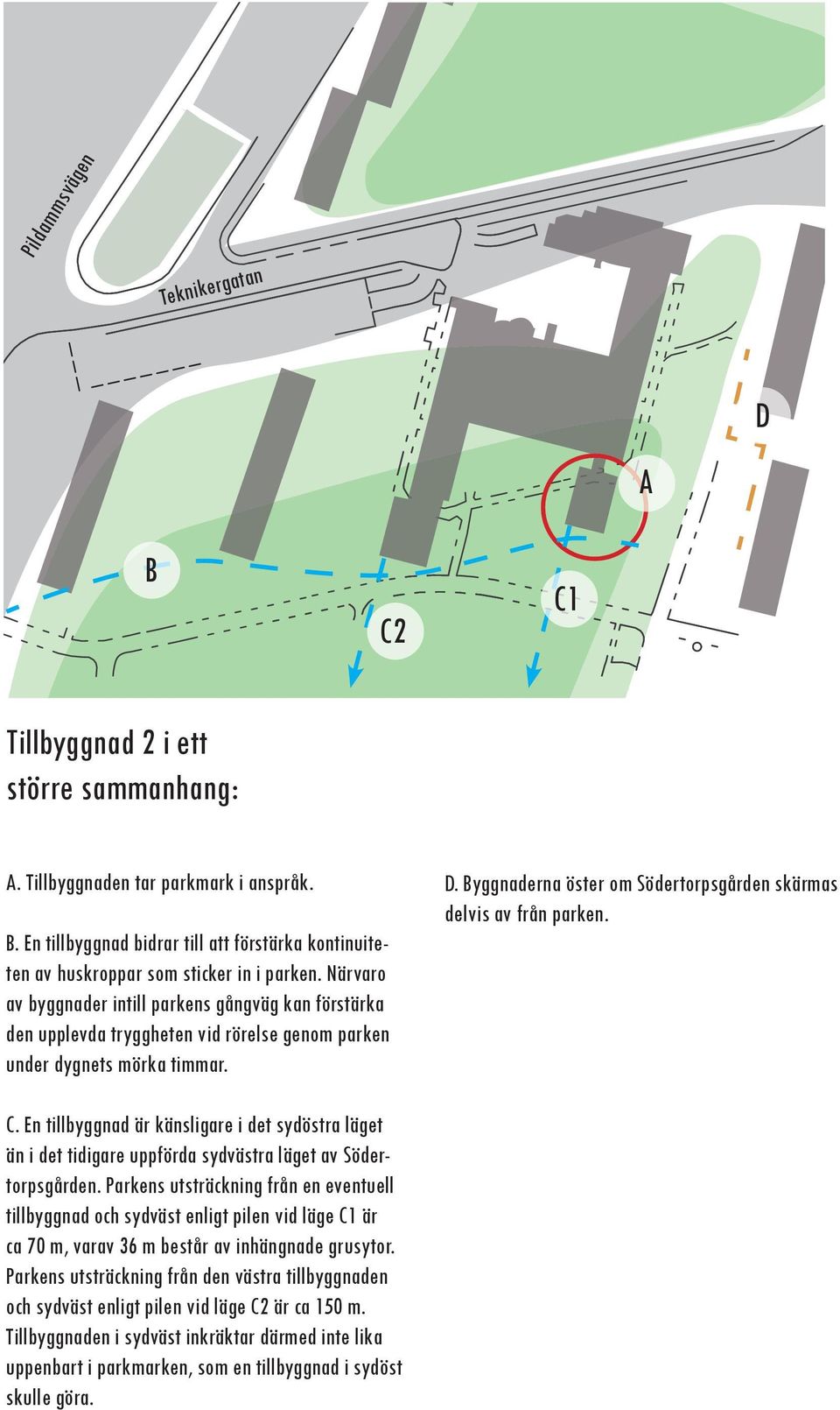 Byggnaderna öster om Södertorpsgården skärmas delvis av från parken. C. En tillbyggnad är känsligare i det sydöstra läget än i det tidigare uppförda sydvästra läget av Södertorpsgården.