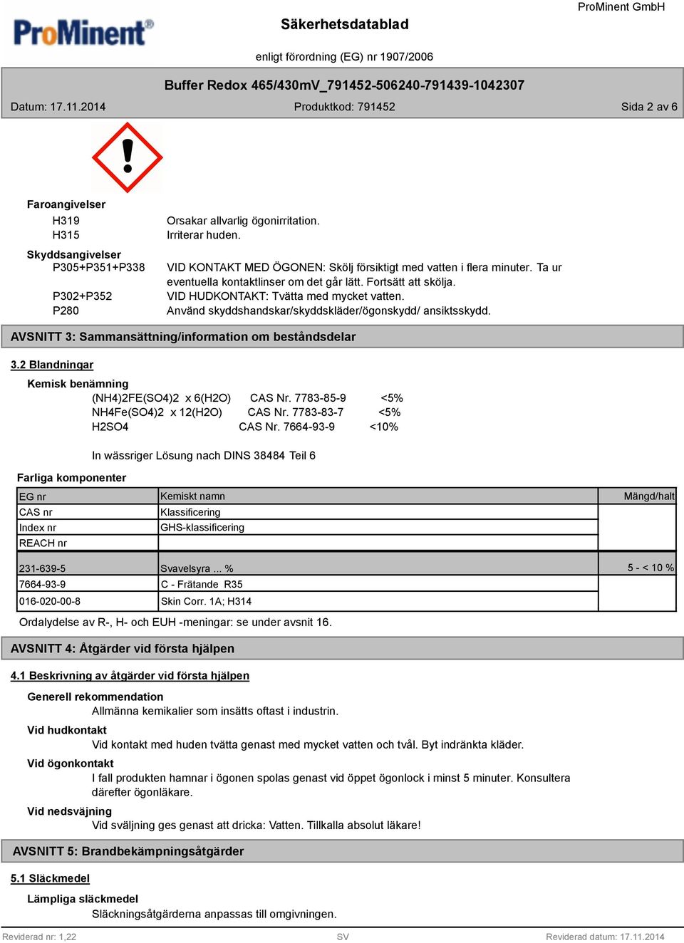 Använd skyddshandskar/skyddskläder/ögonskydd/ ansiktsskydd. AVSNITT 3: Sammansättning/information om beståndsdelar 3.2 Blandningar Kemisk benämning (NH4)2FE(SO4)2 x 6(H2O) CAS Nr.