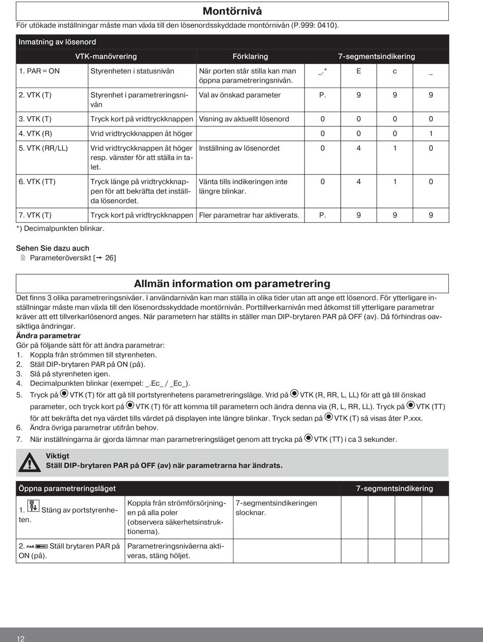 VTK (T) Tryck kort på vridtryckknappen Visning av aktuellt lösenord 4. VTK (R) Vrid vridtryckknappen åt höger 1 5. VTK (RR/LL) Vrid vridtryckknappen åt höger resp. vänster för att ställa in talet.