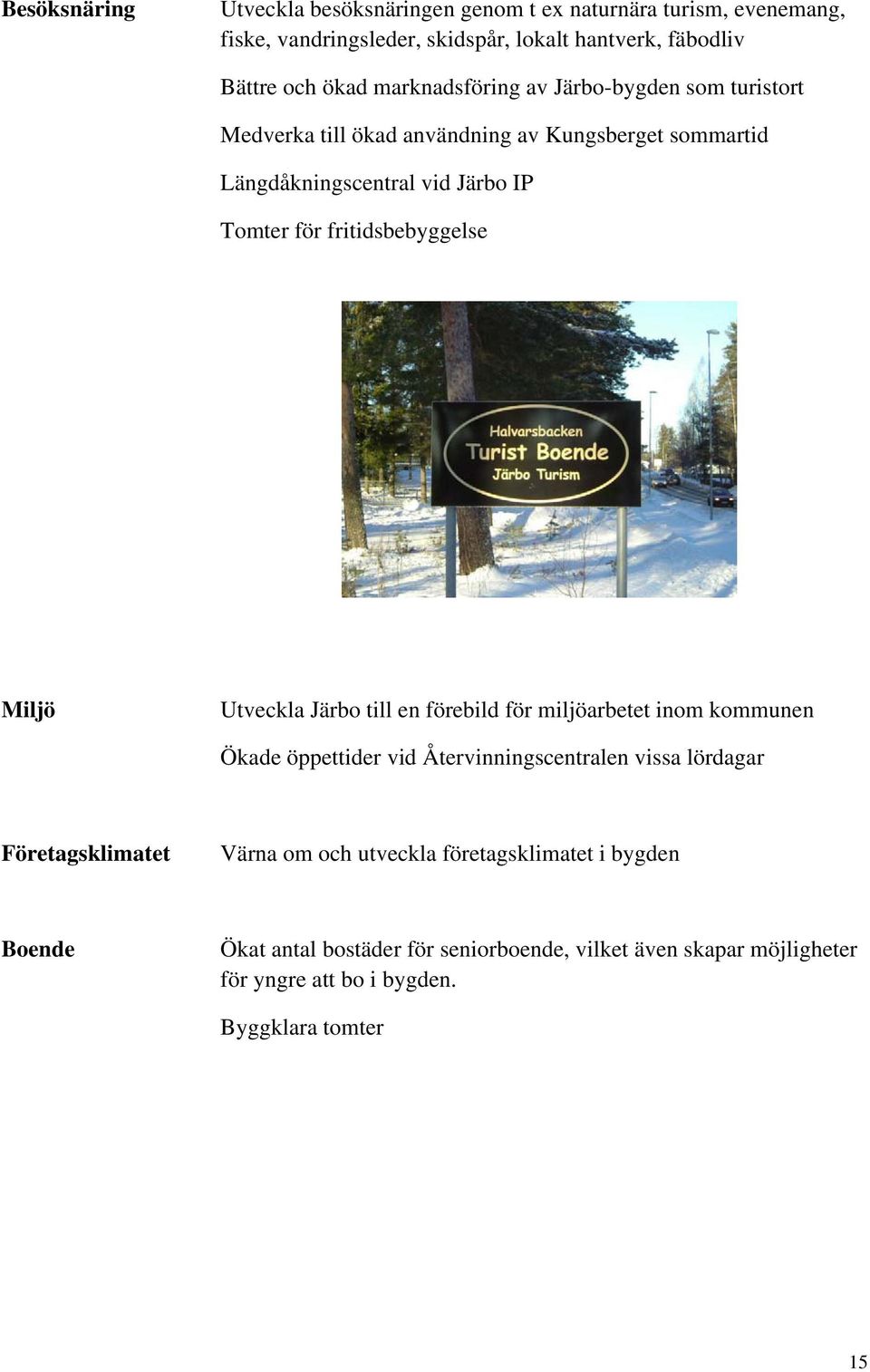 fritidsbebyggelse Miljö Utveckla Järbo till en förebild för miljöarbetet inom kommunen Ökade öppettider vid Återvinningscentralen vissa lördagar