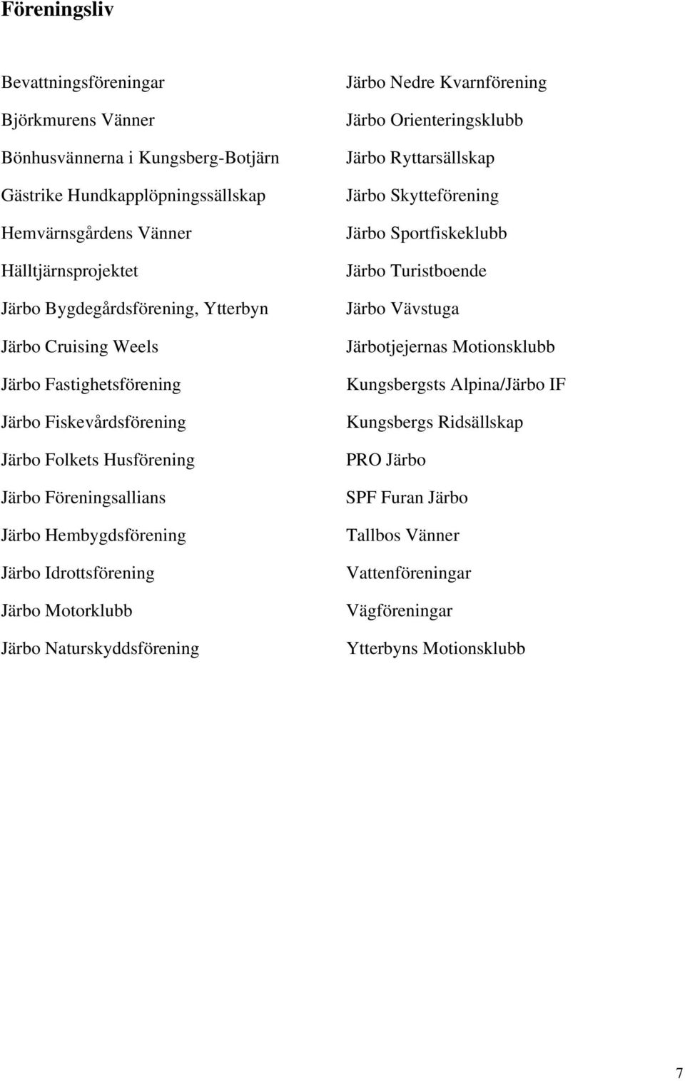 Idrottsförening Järbo Motorklubb Järbo Naturskyddsförening Järbo Nedre Kvarnförening Järbo Orienteringsklubb Järbo Ryttarsällskap Järbo Skytteförening Järbo Sportfiskeklubb Järbo