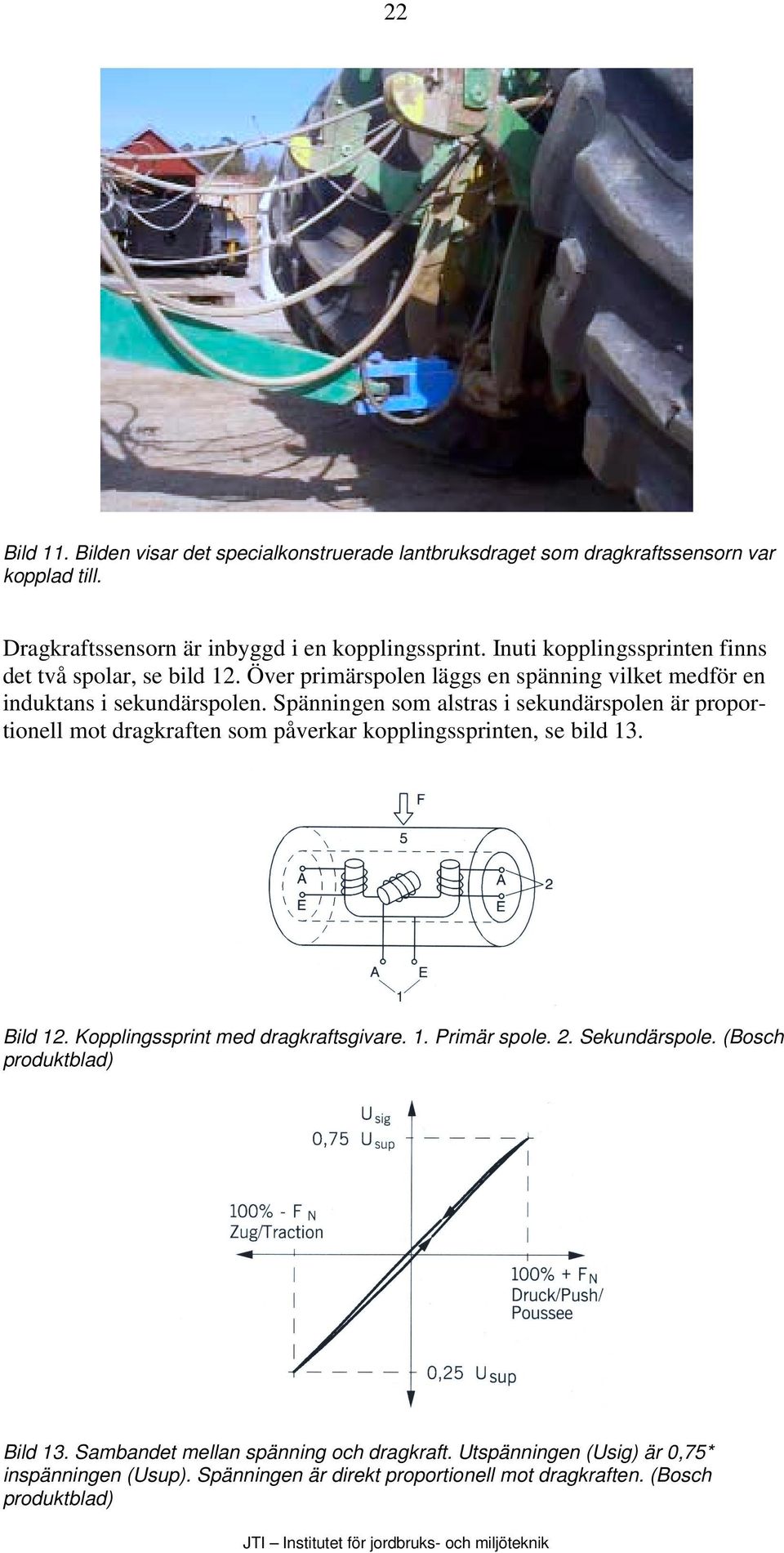 Spänningen som alstras i sekundärspolen är proportionell mot dragkraften som påverkar kopplingssprinten, se bild 13. Bild 12. Kopplingssprint med dragkraftsgivare. 1. Primär spole.
