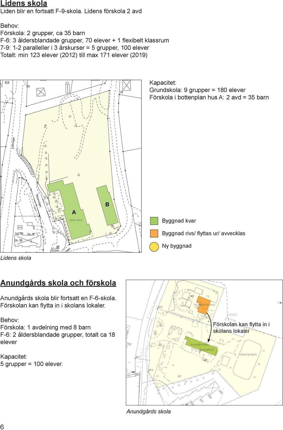 Totalt: min 123 elever (2012) till max 171 elever (2019) Kapacitet: Grundskola: 9 grupper = 180 elever Förskola i bottenplan hus A: 2 avd = 35 barn Byggnad kvar Byggnad rivs/ flyttas ur/