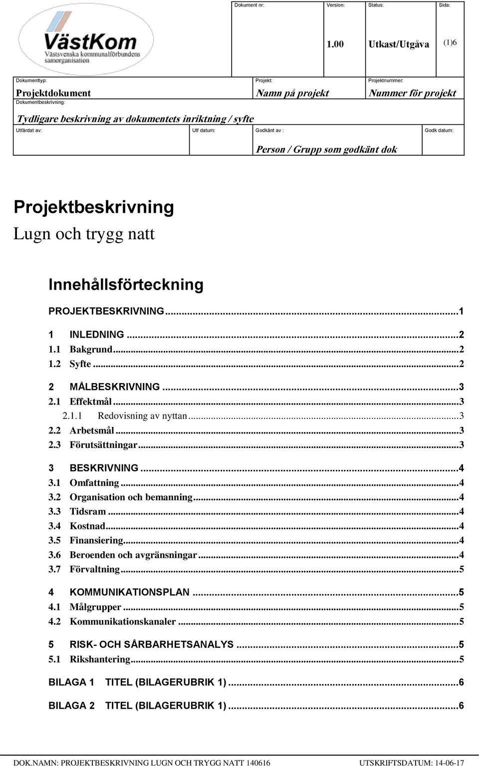 Utf datum: Godkänt av : Godk datum: Person / Grupp som godkänt dok Projektbeskrivning Lugn och trygg natt Innehållsförteckning PROJEKTBESKRIVNING... 1 1 INLEDNING... 2 1.1 Bakgrund... 2 1.2 Syfte.