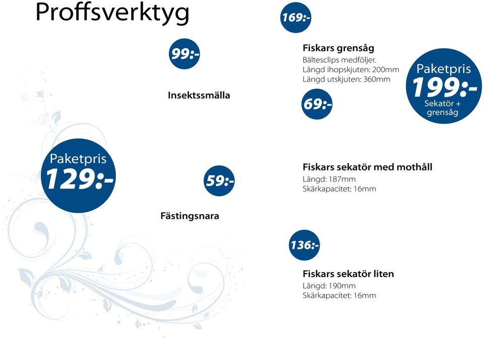 199:- Sekatör + grensåg 59:- 99:- Paketpris 129:- Fiskars sekatör med mothåll