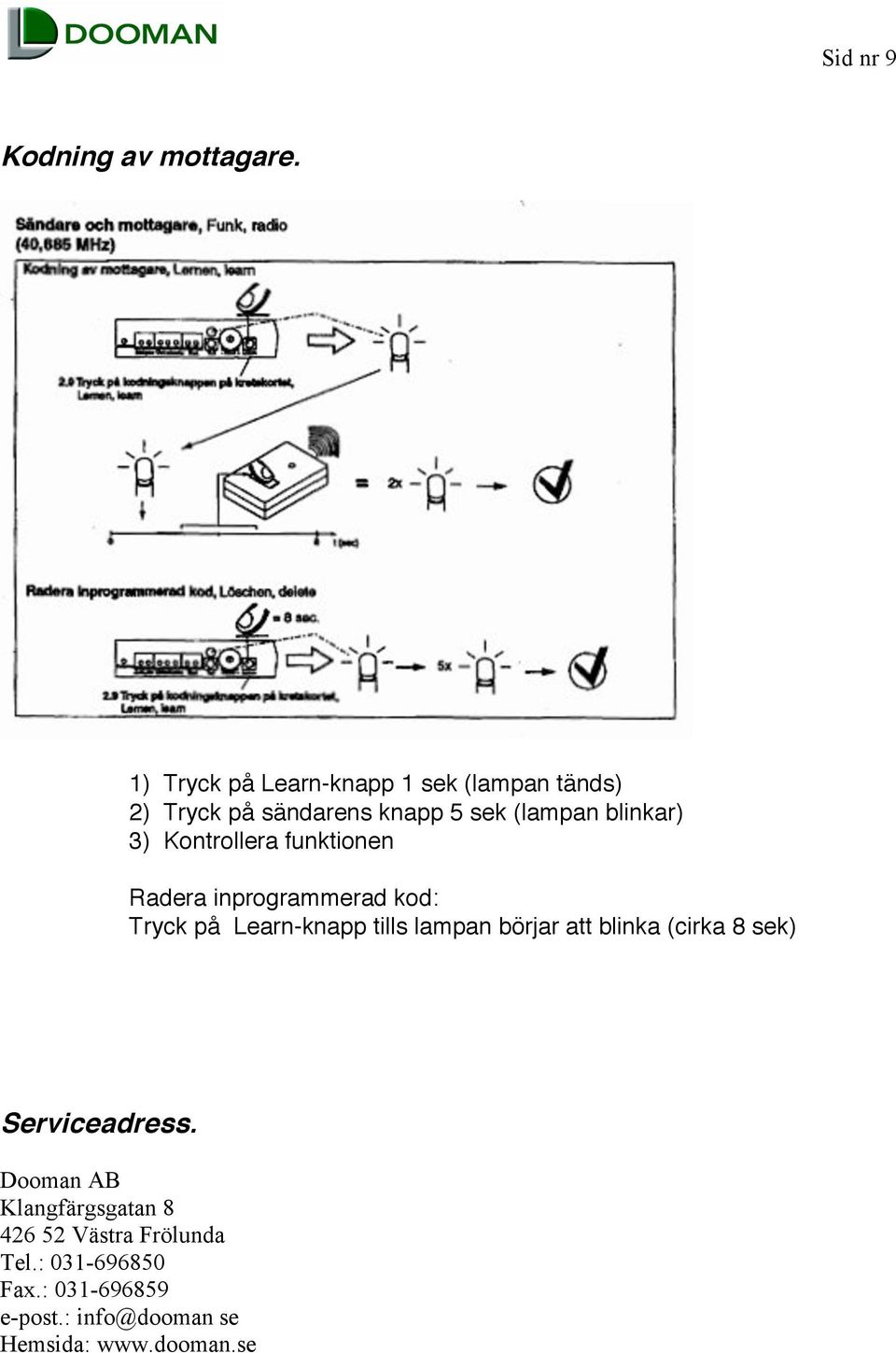 3) Kontrollera funktionen Radera inprogrammerad kod: Tryck på Learn-knapp tills lampan börjar att