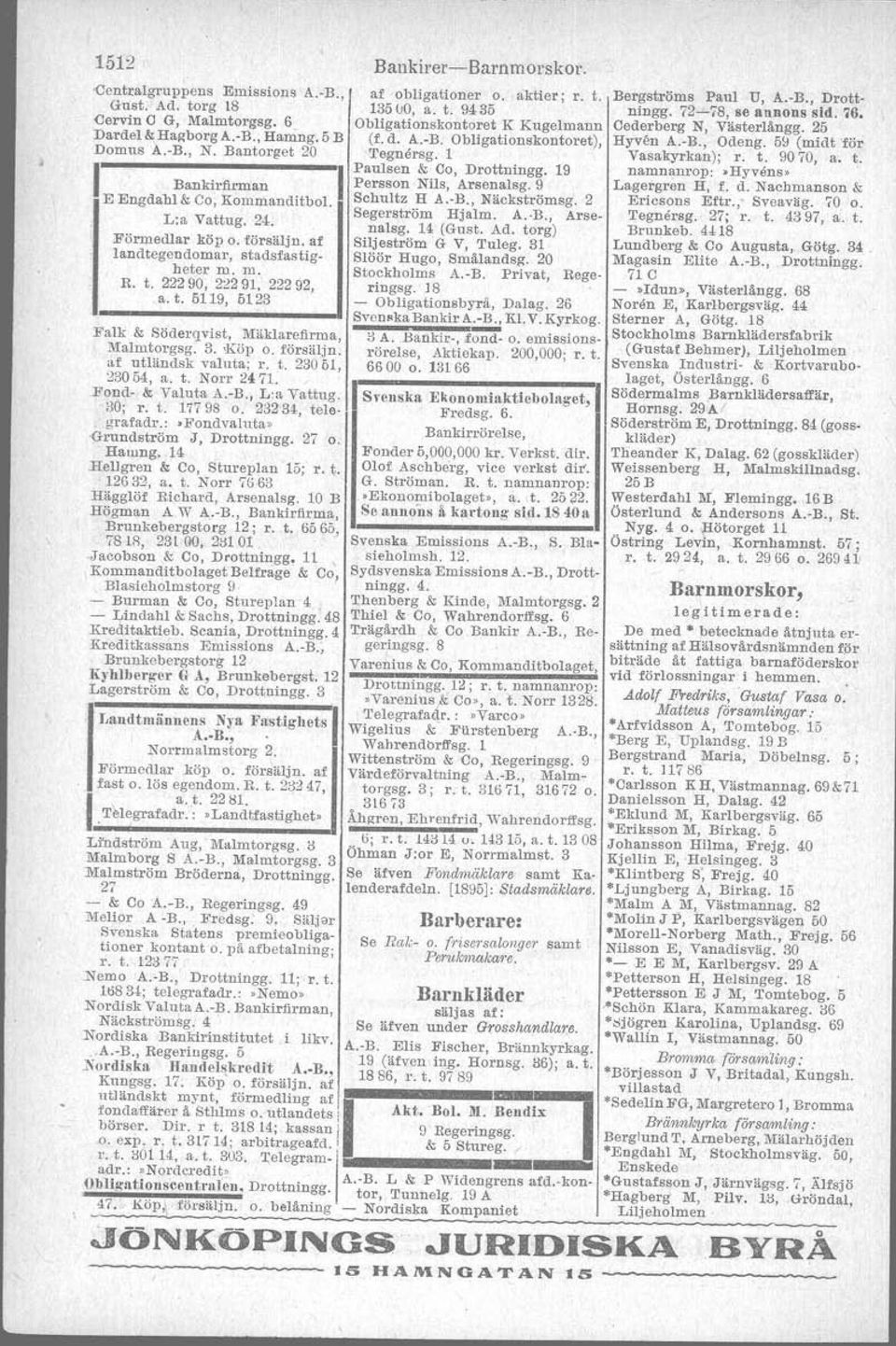 t. 19736 Brusewitz H A. B., Drottningg. 20 Svenska Försäl,jnings Å.-B., Kammakareg. 39. Spec.: alla slag af emballage, af trä, glas, papp, papper o. metall; -r. t. 10152, a. t. 10453 Blockfabrik: qcrar.