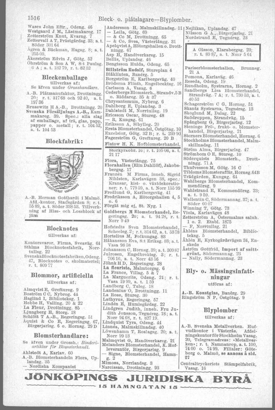 ns Carl A Tryckeri A.-B., L:a Nyg. 4 Fredrikson V, Surbrunneg. 30 Fridman D, Harung. 36 Förlagstryckeriet Thelin & Co, Arbetareg. &l A; a. t. Kungsh. 4556. Gellerstedt H F A, Regeringsg.