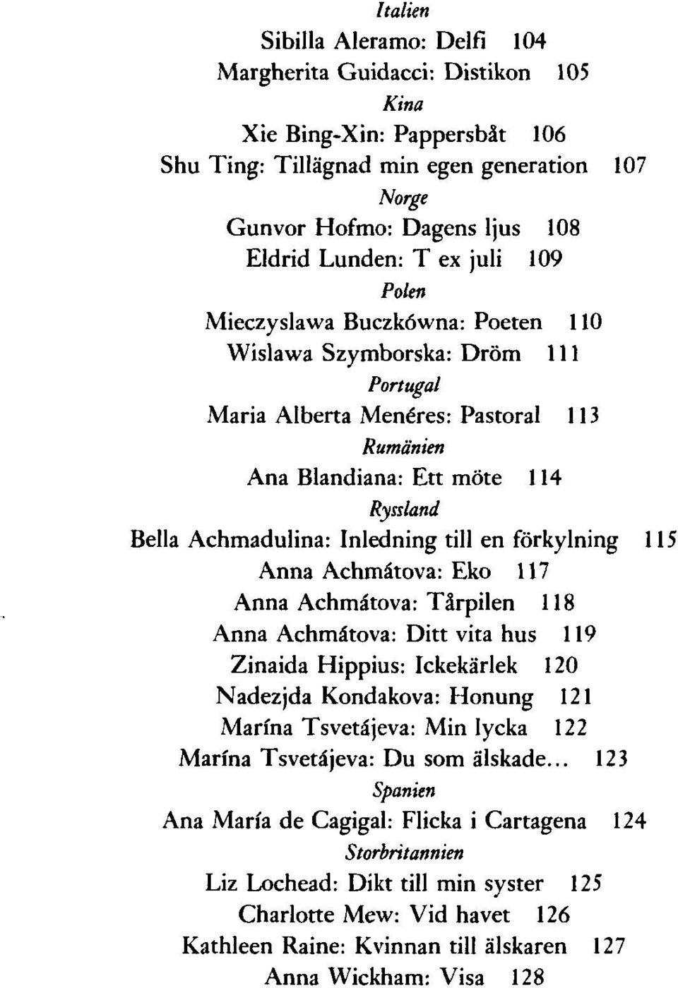 Inledning till en förkylning 115 Anna Achmåtova: Eko 117 Anna Achmätova: Tårpilen 118 Anna Achmåtova: Ditt vita hus 119 Zinaida Hippius: Ickekärlek 120 Nadezjda Kondakova: Honung 121 Marina