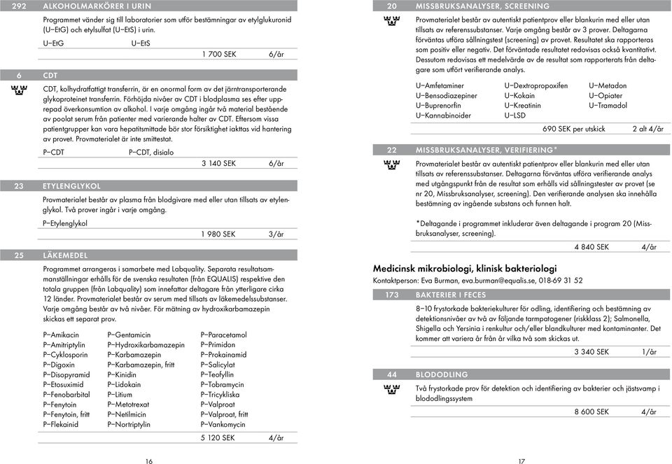 Förhöjda nivåer av CDT i blodplasma ses efter upprepad överkonsumtion av alkohol. I varje omgång ingår två material bestående av poolat serum från patienter med varierande halter av CDT.