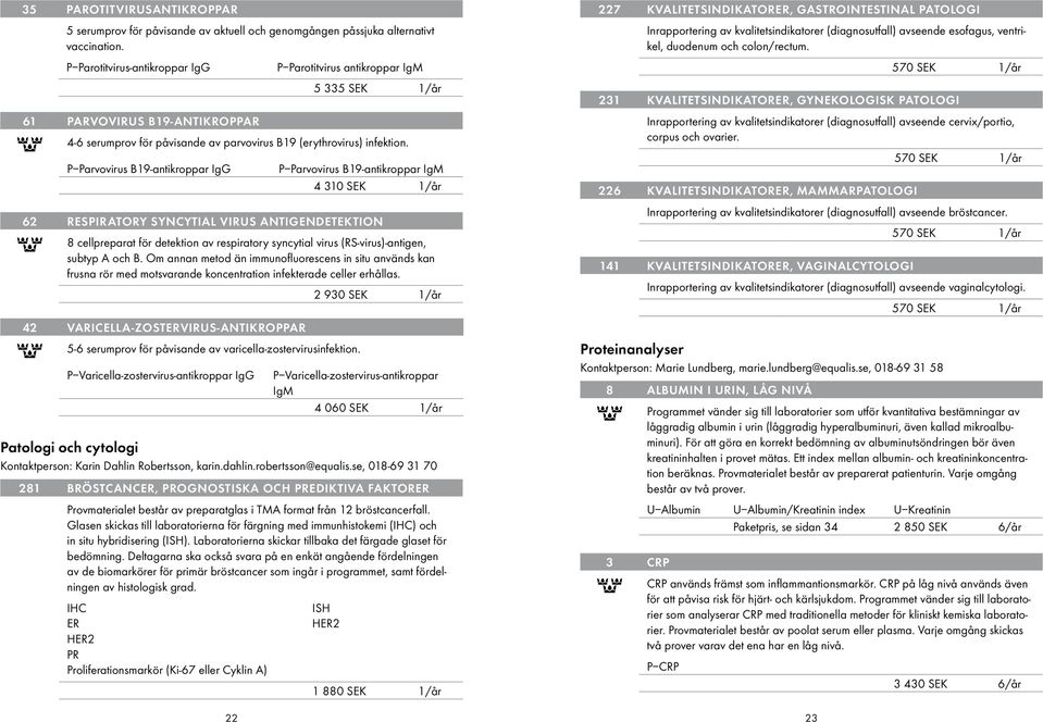 P Parvovirus B19-antikroppar IgG P Parvovirus B19-antikroppar IgM 4 310 SEK 1/år 62 Respiratory syncytial virus antigendetektion 8 cellpreparat för detektion av respiratory syncytial virus