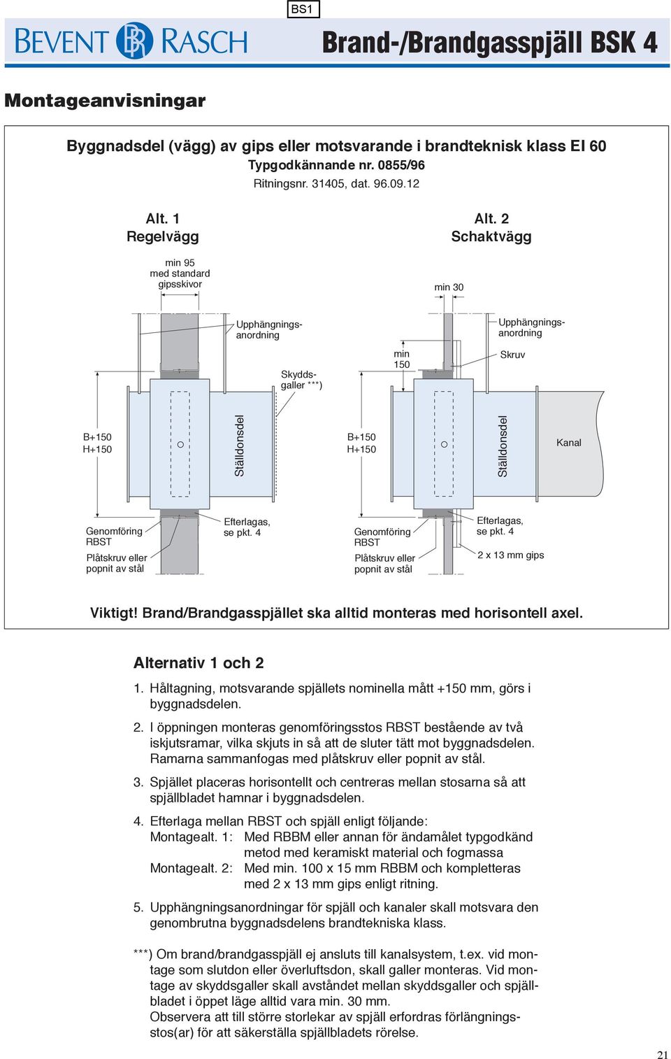 Efterlagas, se pkt. 4 Genomföring RBST Plåtskruv eller popnit av stål Efterlagas, se pkt. 4 2 x 13 mm gips Viktigt! Brand/Brandgasspjället ska alltid monteras med horisontell axel.