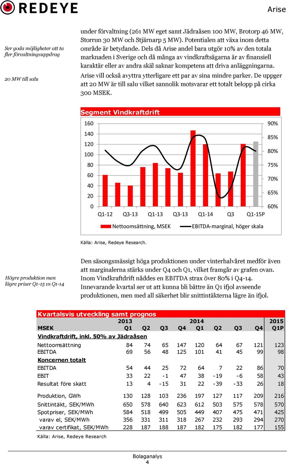 Dels då Arise andel bara utgör 10% av den totala marknaden i Sverige och då många av vindkraftsägarna är av finansiell karaktär eller av andra skäl saknar kompetens att driva anläggningarna.