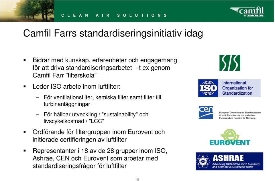 För hållbar utveckling / "sustainability" och livscykelkostnad / "LCC" Ordförande för filtergruppen inom Eurovent och initierade