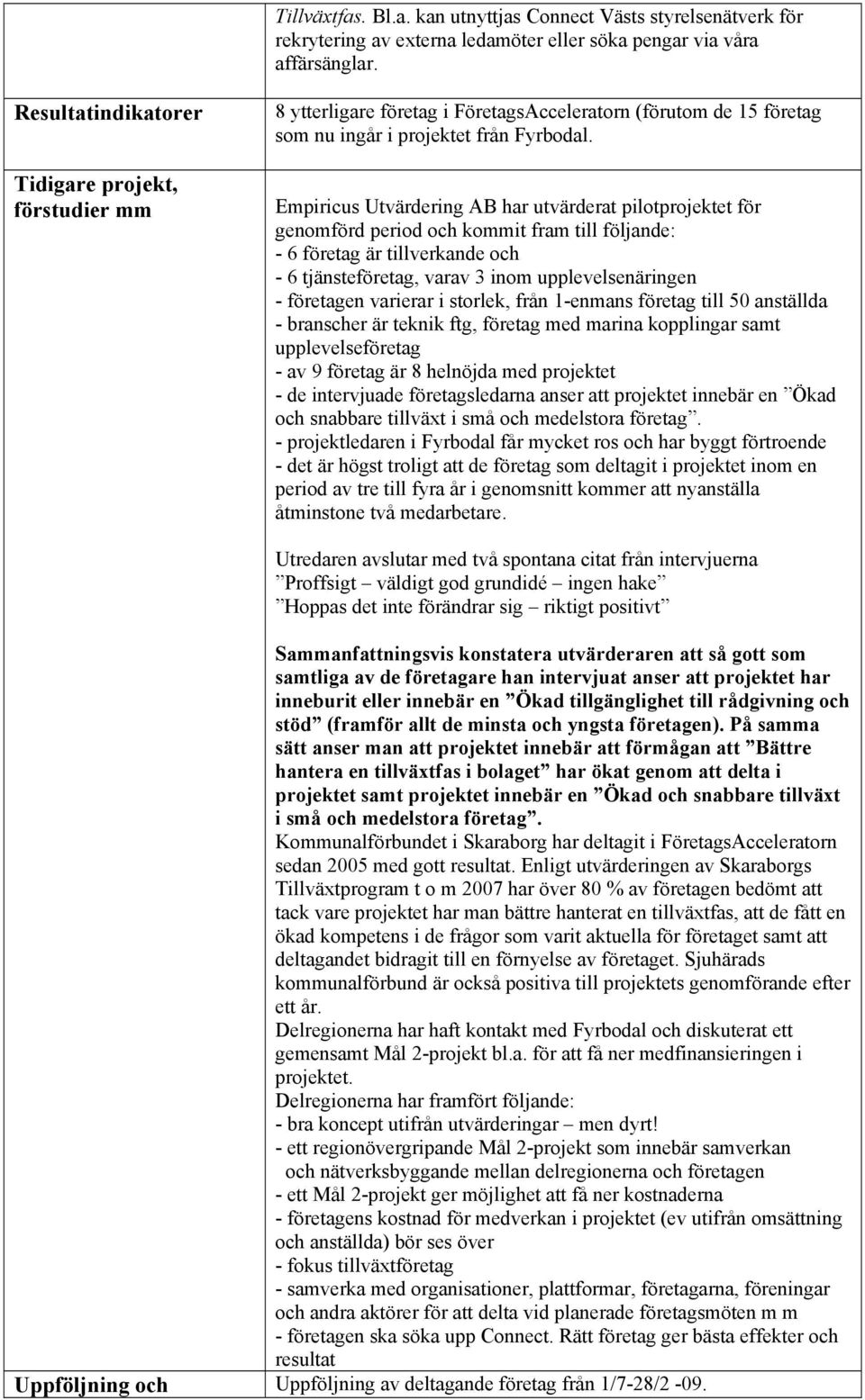 Empiricus Utvärdering AB har utvärderat pilotprojektet för genomförd period och kommit fram till följande: - 6 företag är tillverkande och - 6 tjänsteföretag, varav 3 inom upplevelsenäringen -