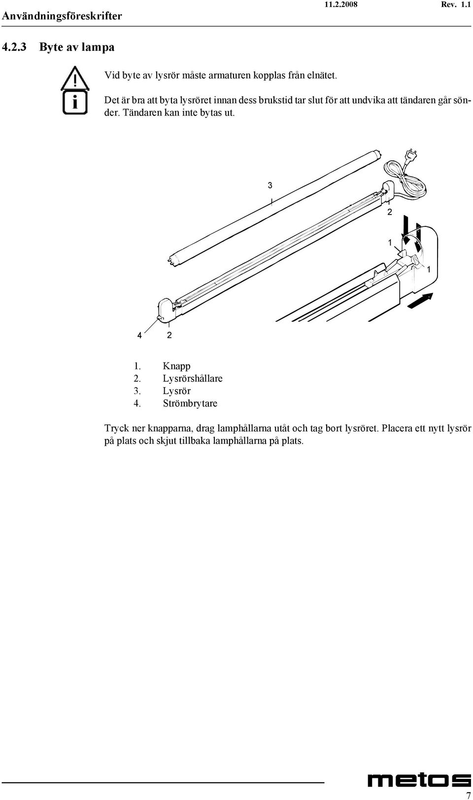 Tändaren kan inte bytas ut. 3 2 1 1 4 2 1. Knapp 2. Lysrörshållare 3. Lysrör 4.