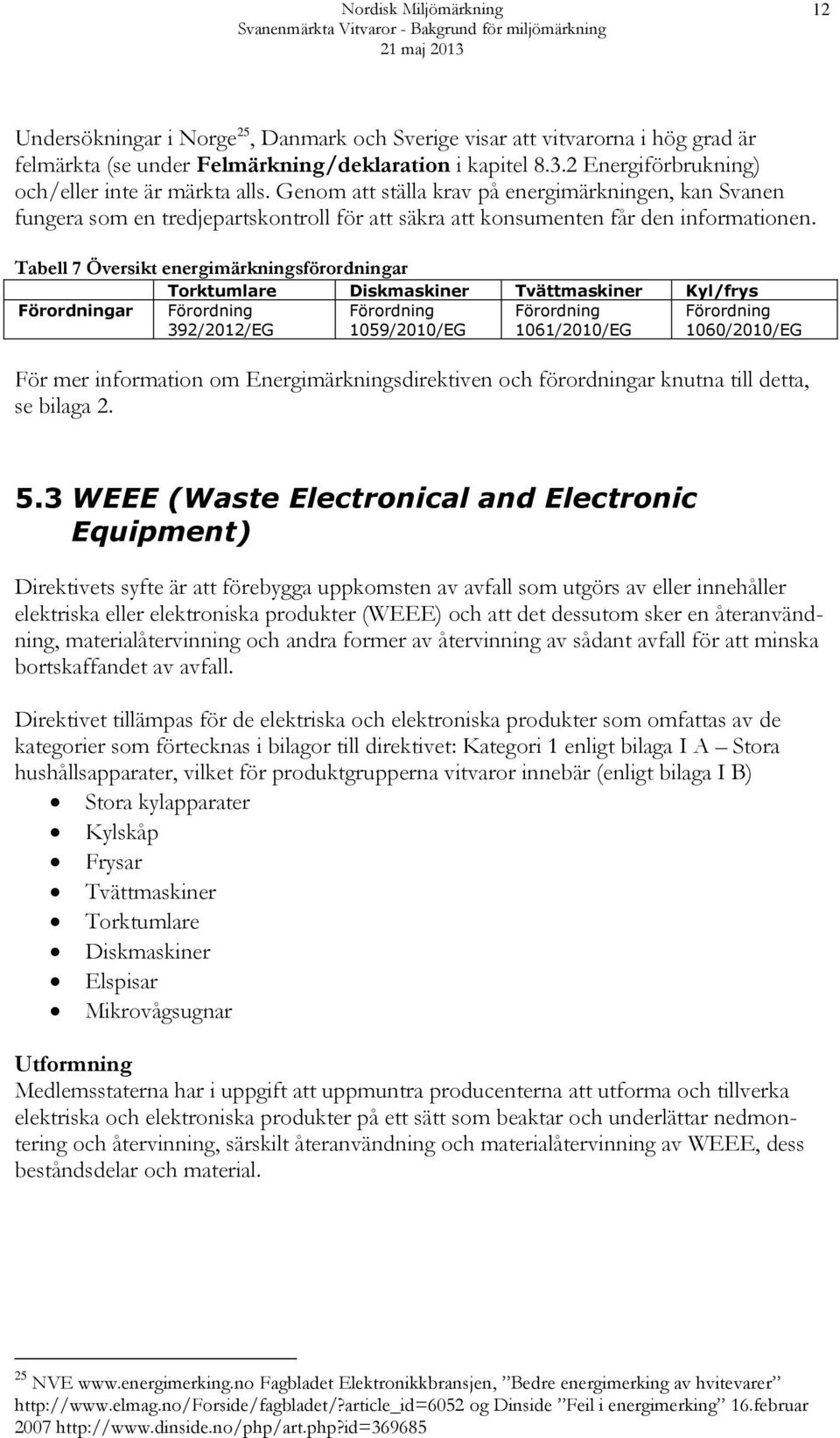 Tabell 7 Översikt energimärkningsförordningar Torktumlare Diskmaskiner Tvättmaskiner Kyl/frys Förordningar Förordning 392/2012/EG Förordning 1059/2010/EG Förordning 1061/2010/EG Förordning