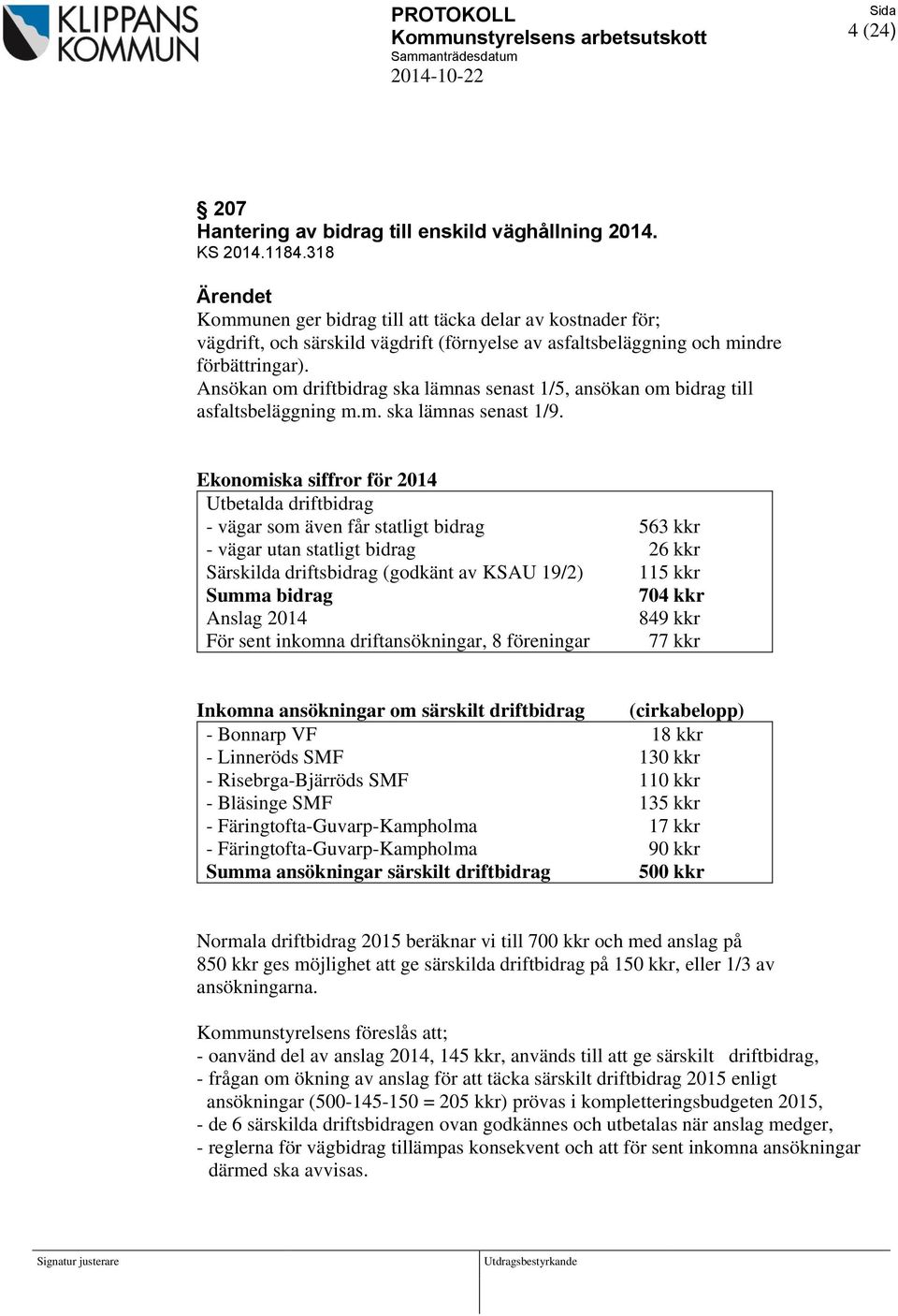 Ansökan om driftbidrag ska lämnas senast 1/5, ansökan om bidrag till asfaltsbeläggning m.m. ska lämnas senast 1/9.
