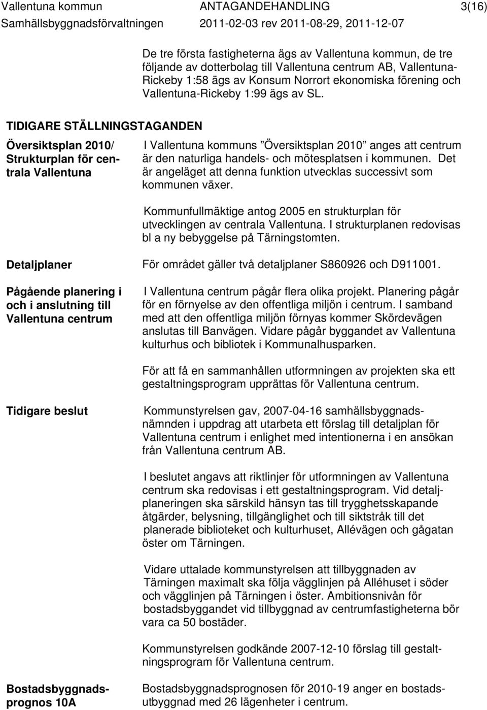 TIDIGARE STÄLLNINGSTAGANDEN Översiktsplan 2010/ Strukturplan för centrala Vallentuna I Vallentuna kommuns Översiktsplan 2010 anges att centrum är den naturliga handels- och mötesplatsen i kommunen.