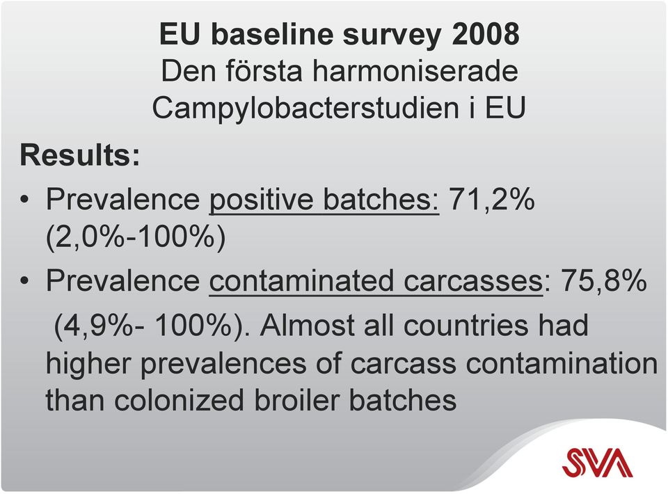 (2,0%-100%) Prevalence contaminated carcasses: 75,8% (4,9%- 100%).