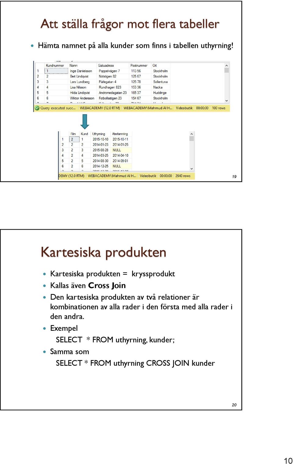 produkten av två relationer är kombinationen av alla rader i den första med alla rader i den andra.