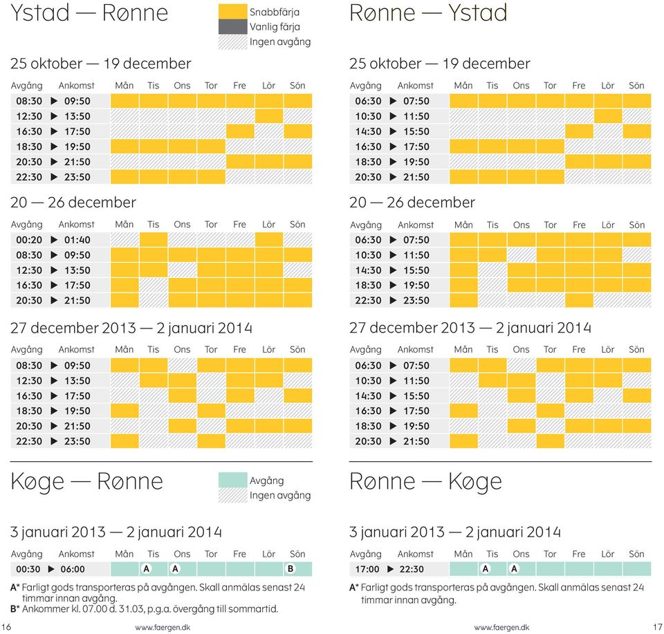 2014 00:30 u 06:00 17:00 u 22:30 A* Farligt gods transporteras på avgången. Skall anmälas senast 24 timmar innan avgång. B* Ankommer kl.