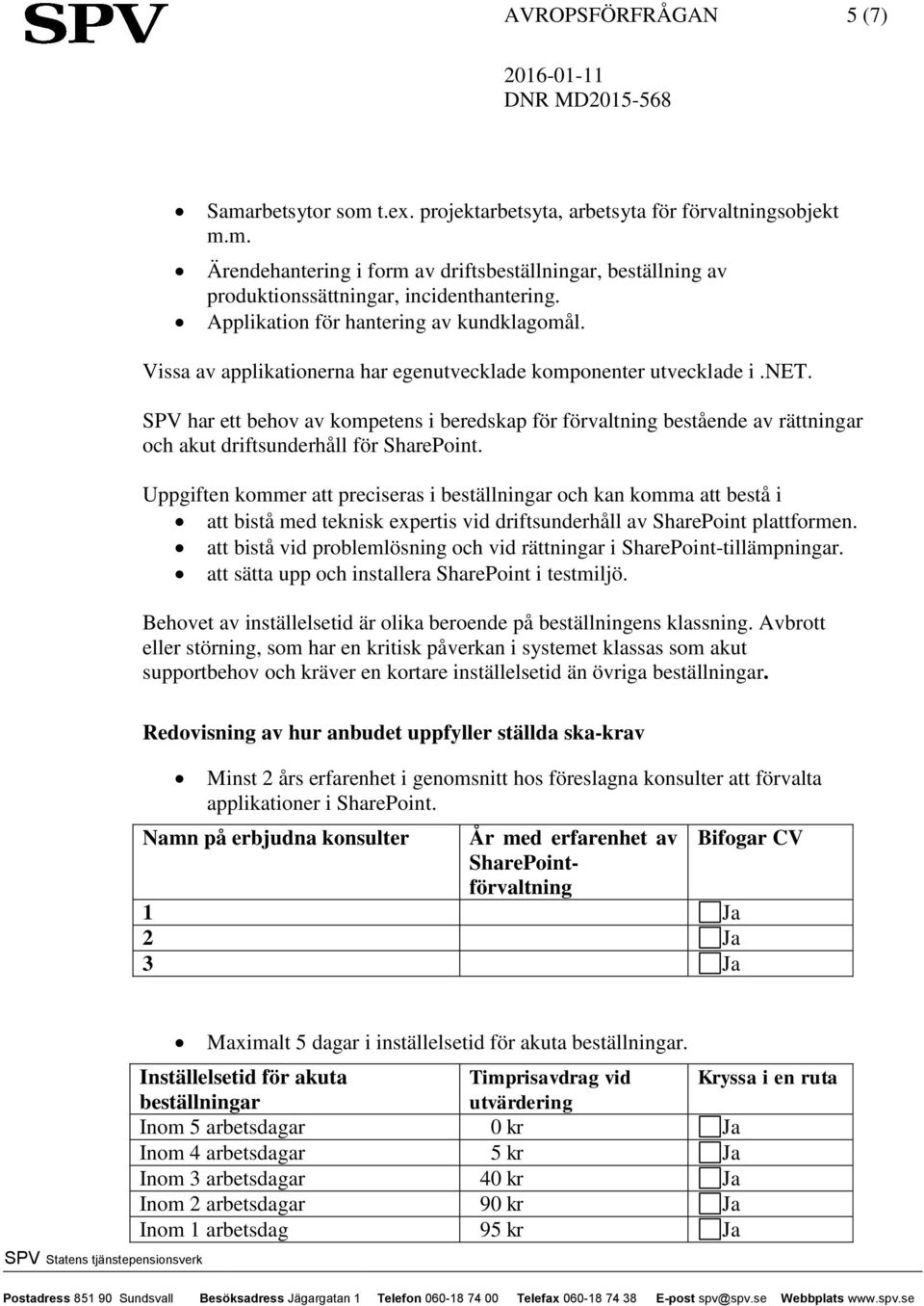 SPV har ett behov av kompetens i beredskap för förvaltning bestående av rättningar och akut driftsunderhåll för SharePoint.