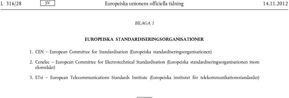 CEN European Committee for Standardisation (Europeiska standardiseringsorganisationen) 2.
