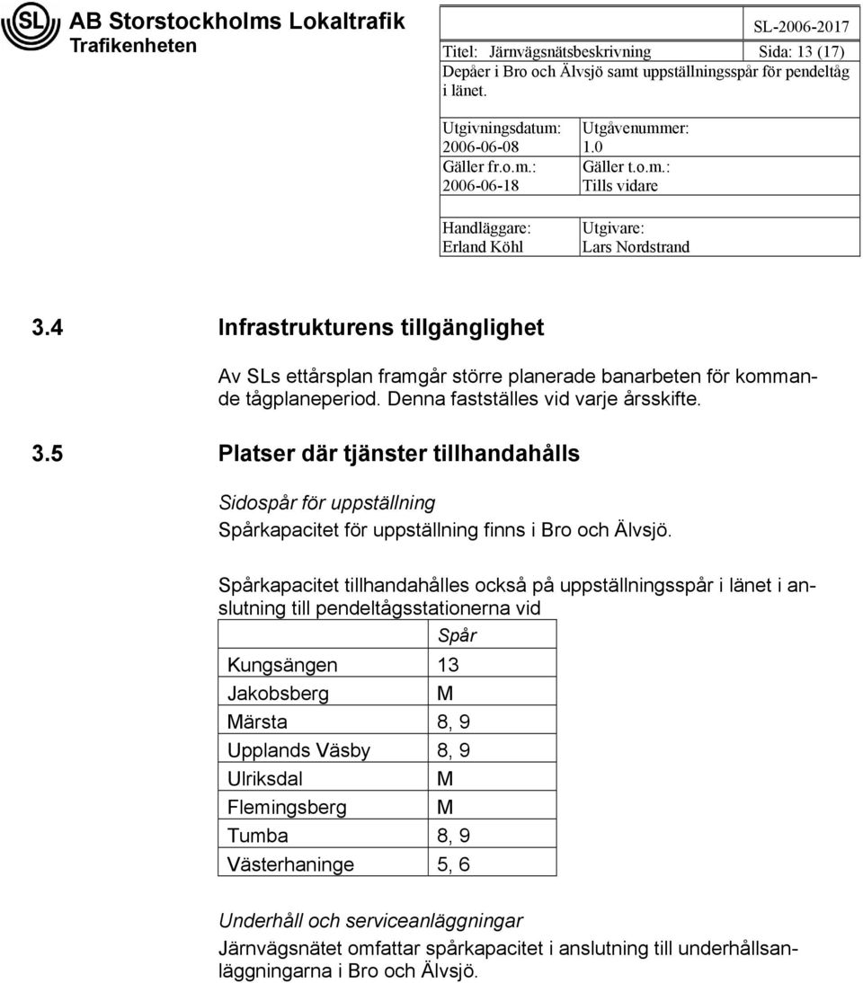 5 Platser där tjänster tillhandahålls Sidospår för uppställning Spårkapacitet för uppställning finns i Bro och Älvsjö.