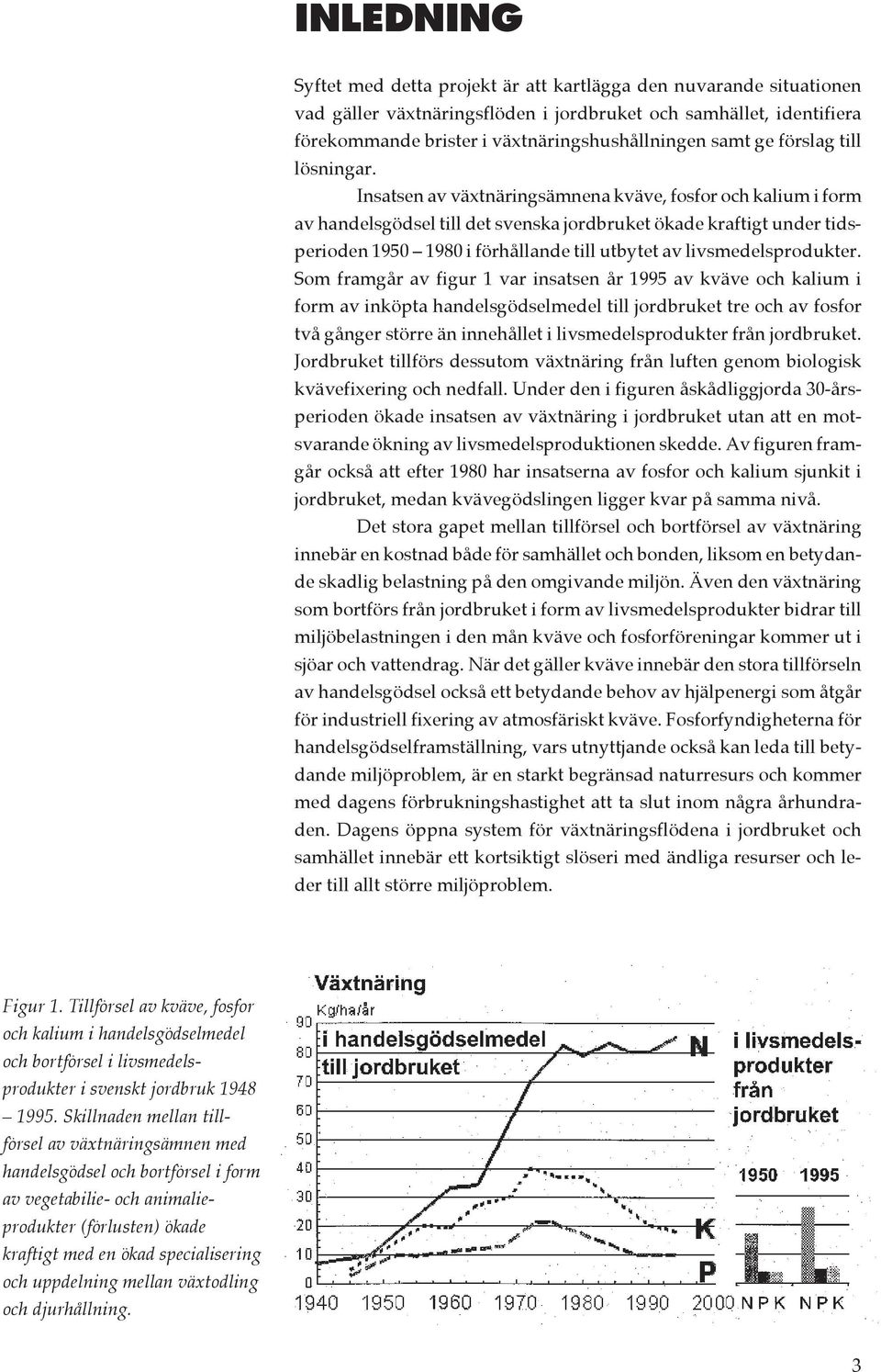 Insatsen av växtnäringsämnena kväve, fosfor och kalium i form av handelsgödsel till det svenska jordbruket ökade kraftigt under tidsperioden 1950 1980 i förhållande till utbytet av