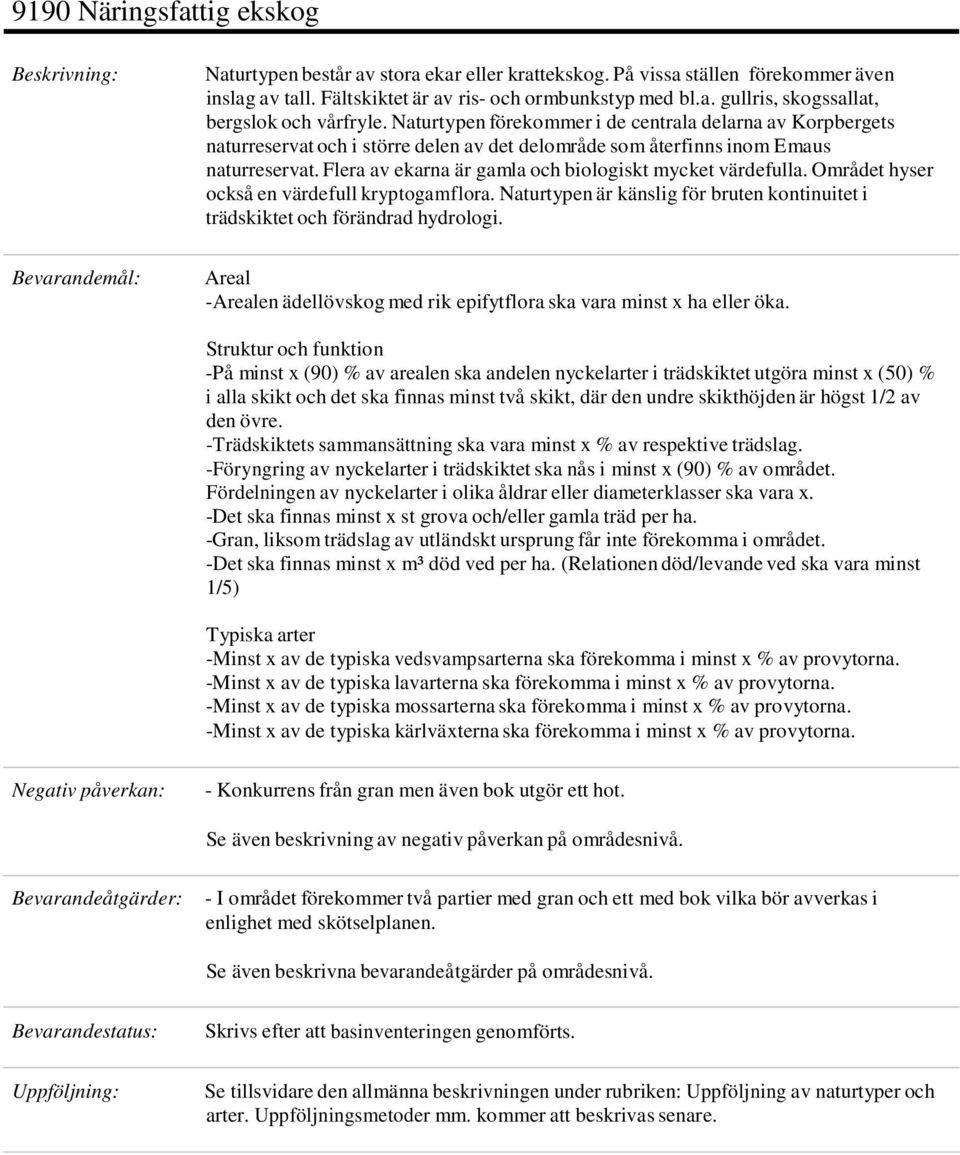 Flera av ekarna är gamla och biologiskt mycket värdefulla. Området hyser också en värdefull kryptogamflora. Naturtypen är känslig för bruten kontinuitet i trädskiktet och förändrad hydrologi.