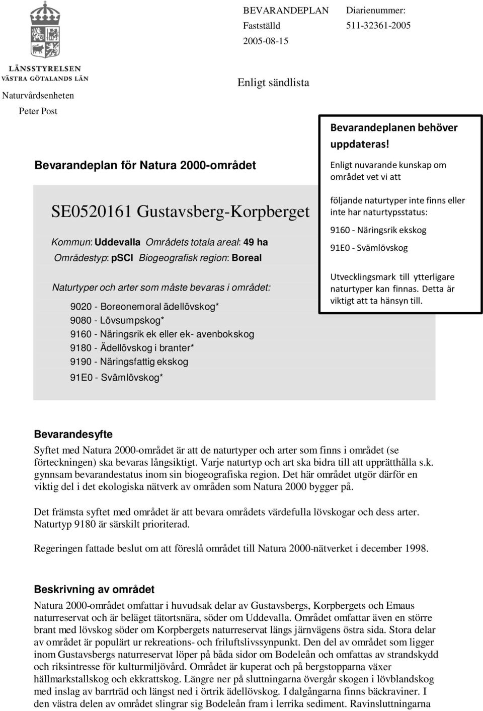 bevaras i området: 9020 - Boreonemoral ädellövskog* 9080 - Lövsumpskog* 9160 - Näringsrik ek eller ek- avenbokskog 9180 - Ädellövskog i branter* 9190 - Näringsfattig ekskog 91E0 - Svämlövskog* Enligt