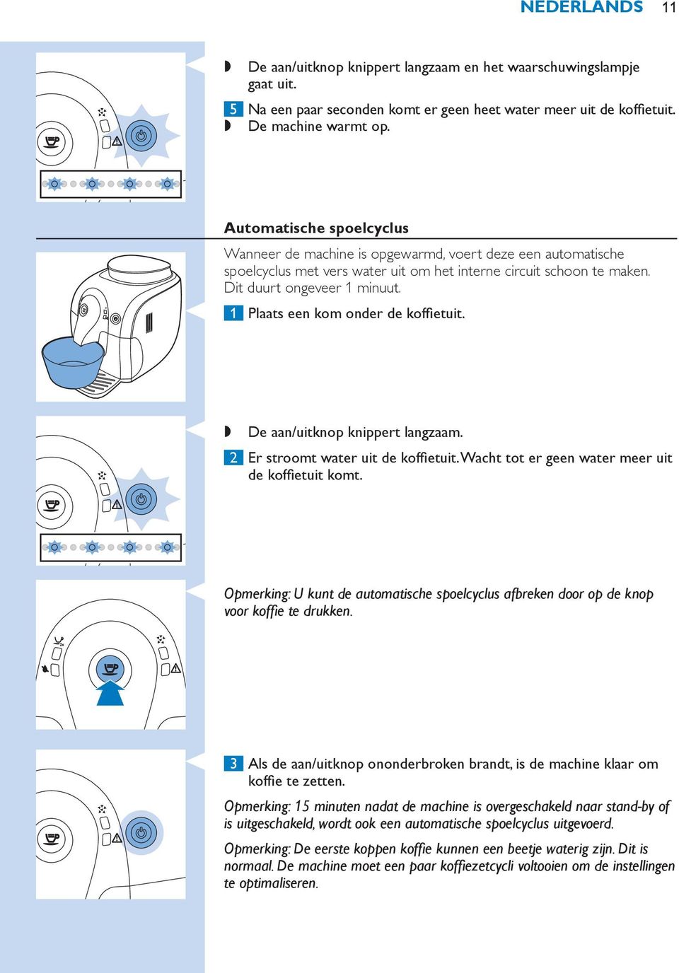 1 Plaats een kom onder de koffietuit.,, De aan/uitknop knippert langzaam. 2 Er stroomt water uit de koffietuit. Wacht tot er geen water meer uit de koffietuit komt.