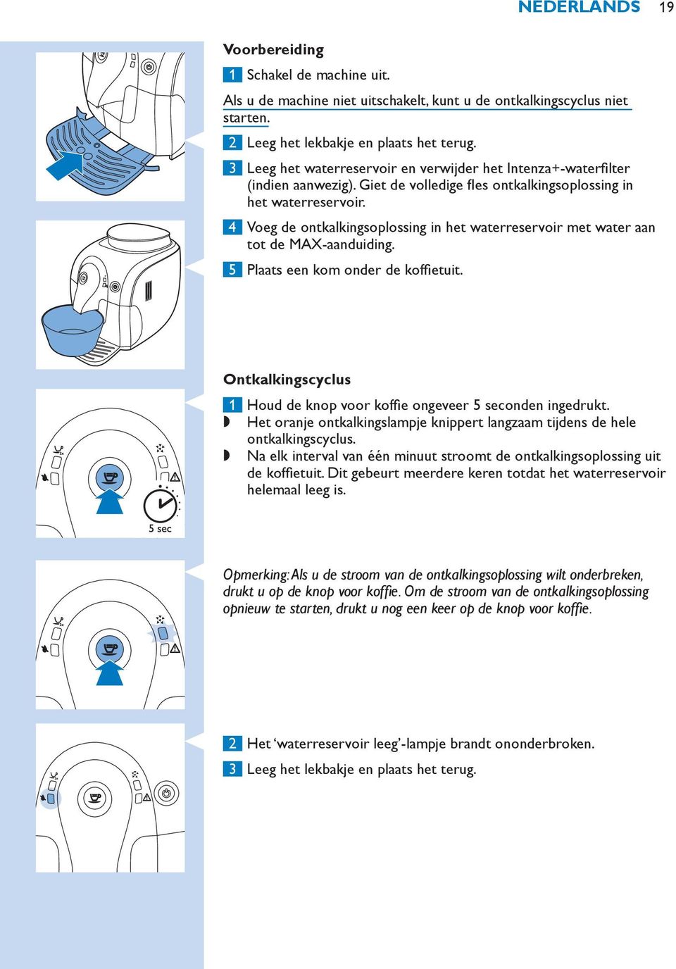 4 Voeg de ontkalkingsoplossing in het waterreservoir met water aan tot de MAX-aanduiding. 5 Plaats een kom onder de koffietuit.