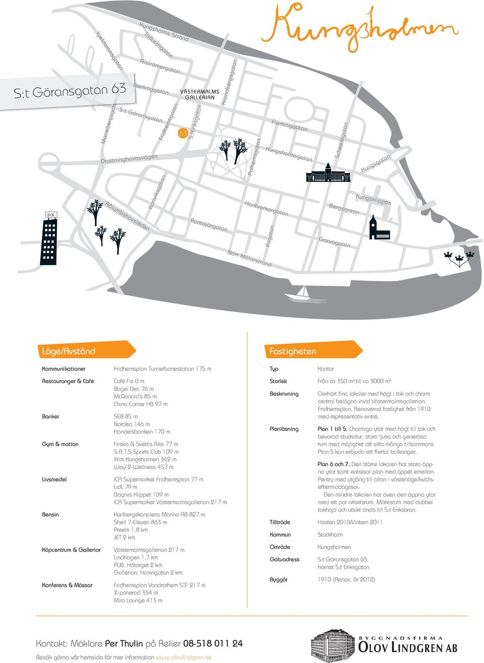 Mälarstrand Läge/Avstånd Fastigheten Kommunikationer Fridhemsplan Tunnelbanestation 175 m Typ Kontor Restauranger & Café Banker Gym & motion Livsmedel Bensin Köpcentrum & Gallerior Konferens & Mässor